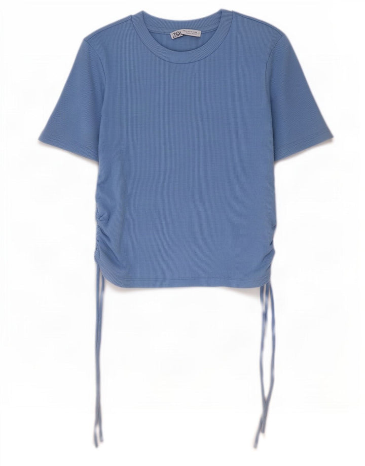 Zara Femme Crop Blouse Top UK 12 Bleu Moyen Polyester