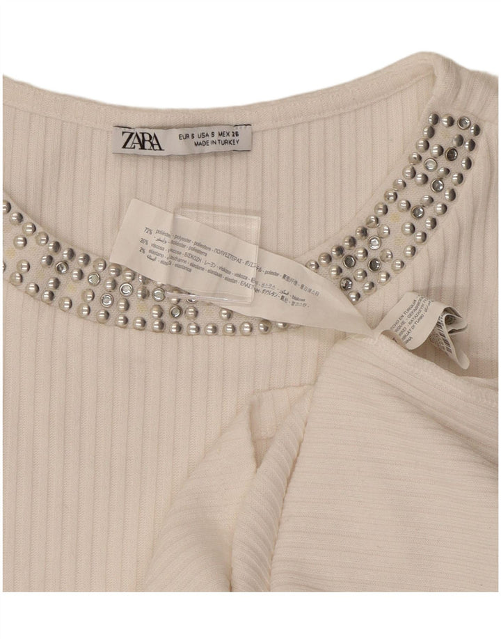 ZARA Femme Crop T-Shirt Top UK 8 Petit Blanc Polyester