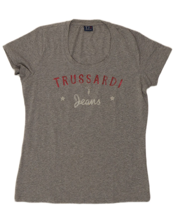 Trussardi Jeans T-Shirt Graphique Femme UK 14 Large Gris Coton