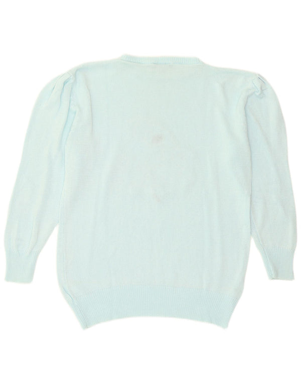 vintage Femmes Graphique Boat Neck Jumper Pull EU 44 XL Turquoise Coton