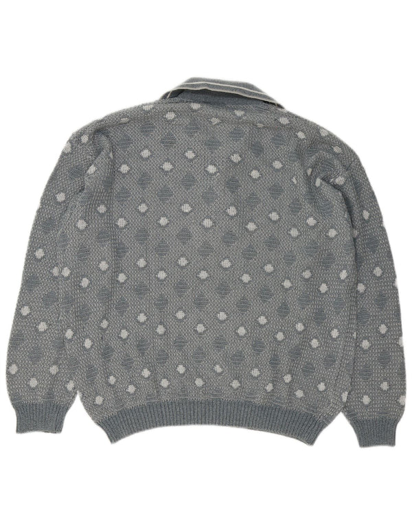 vintage Mens Polo Neck Jumper Pull Grand Gris Géométrique
