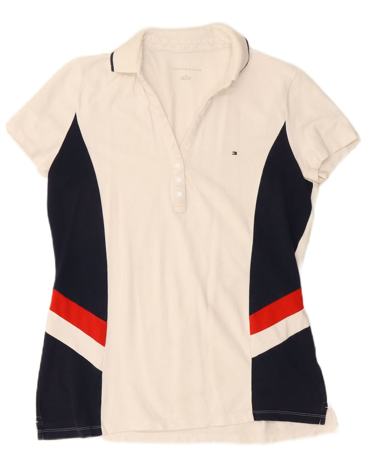 TOMMY HILFIGER Polo Femme UK 14 Large Blanc Colorblock
