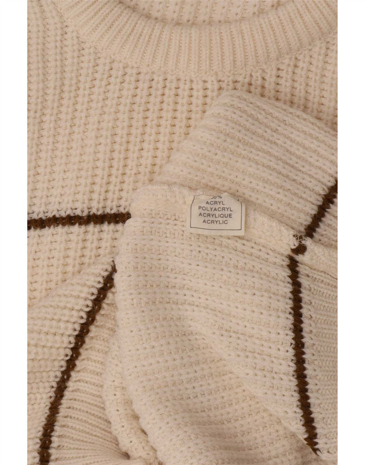 vintage Mens Crew Neck Jumper Pull Moyen Blanc Rayé Acrylique