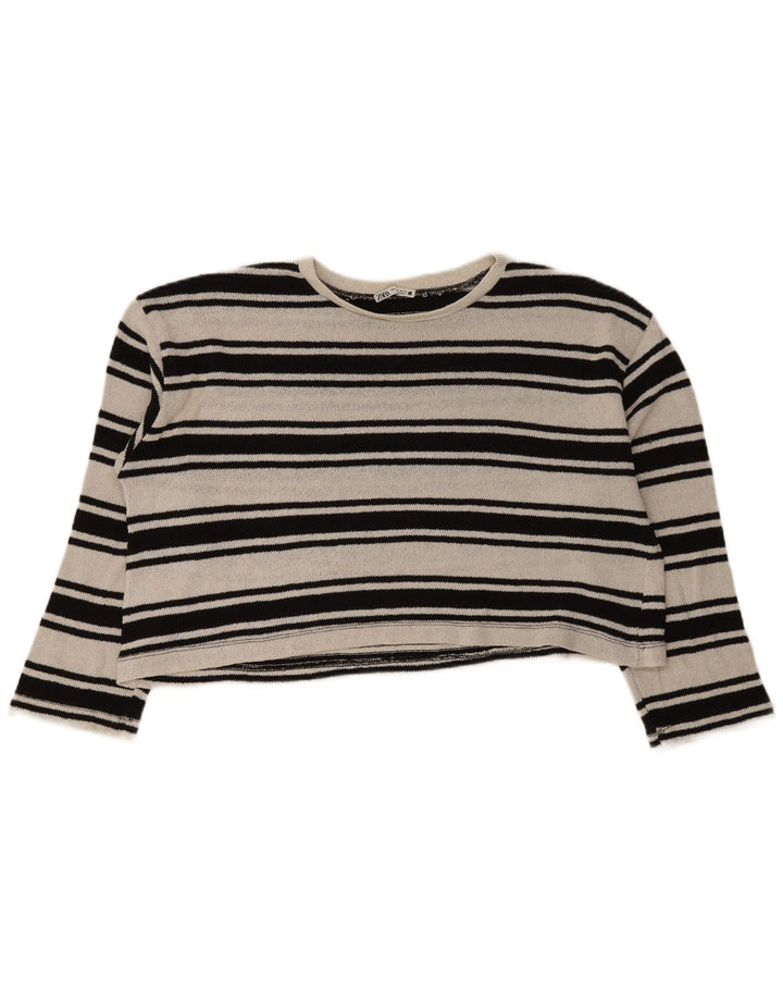 Zara Womens Crop Oversize Top Manches Longues UK 16 Grand Noir Rayé