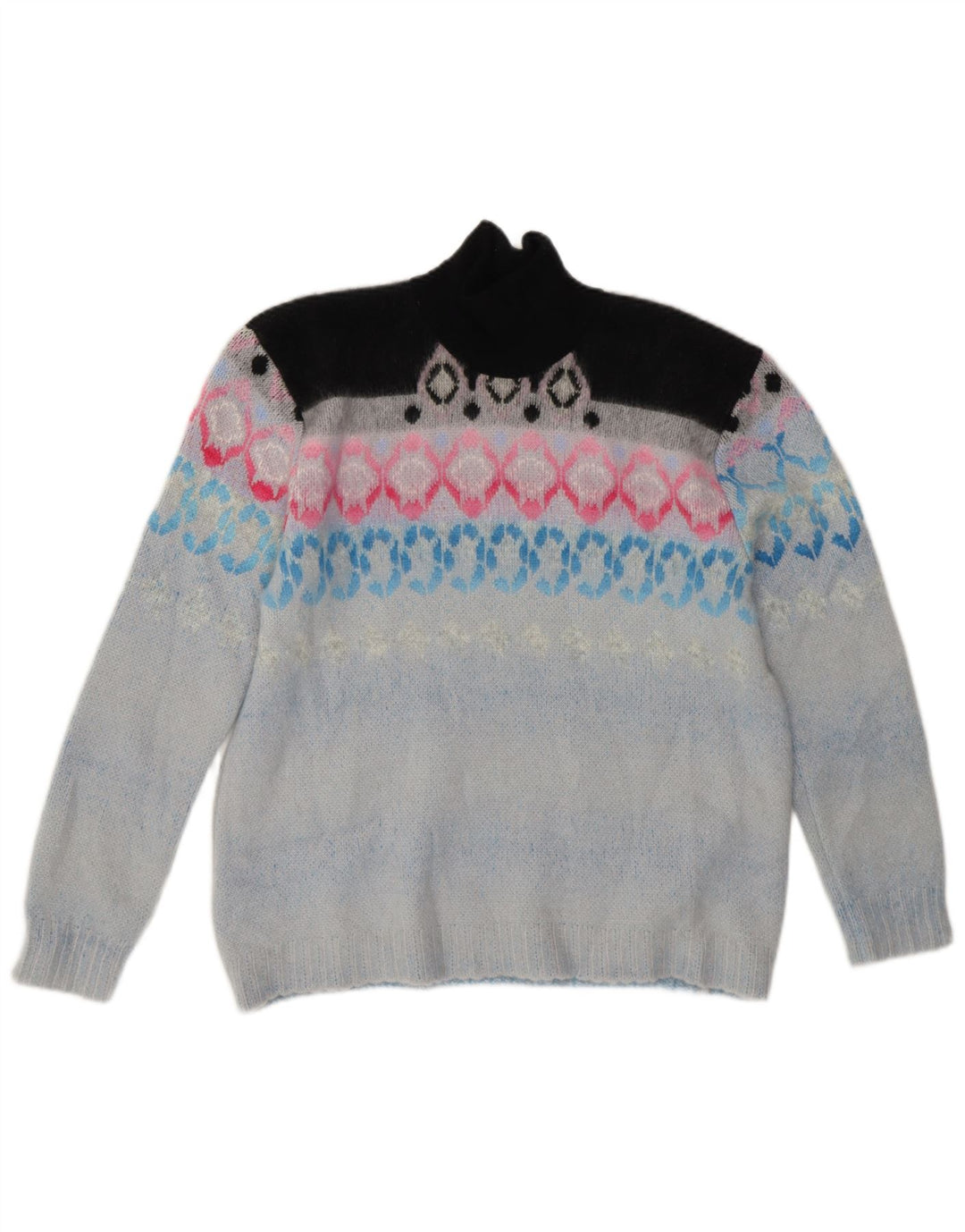 vintage Femmes Turtle Neck Jumper Pull UK 14 Moyen Bleu Fair Isle
