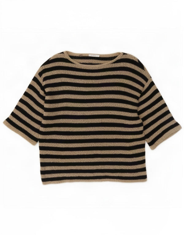 Zara Pull à manches courtes et col bateau pour femme UK 16 Large Noir Rayé