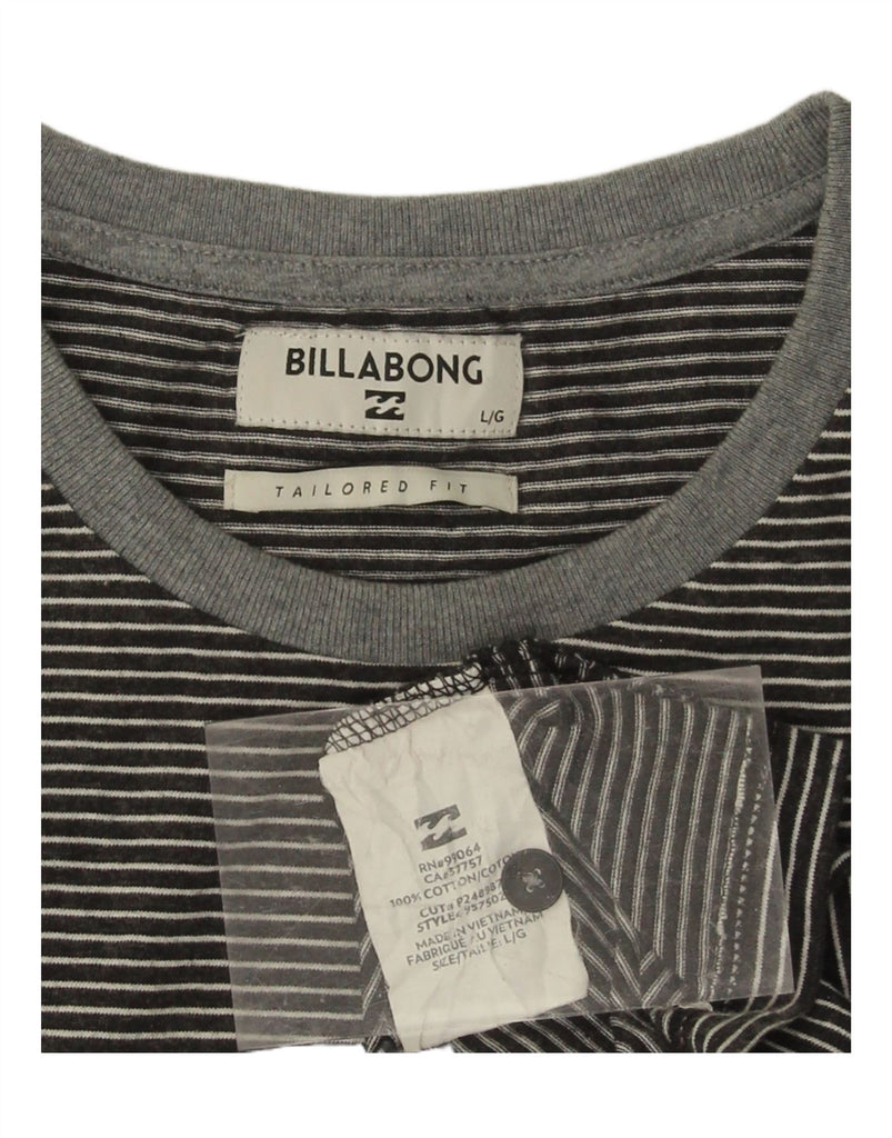 BILLABONG Mens Tailored Fit T-Shirt Top Large Grey Striped Cotton Vintage Billabong and Second-Hand Billabong from Messina Hembry 