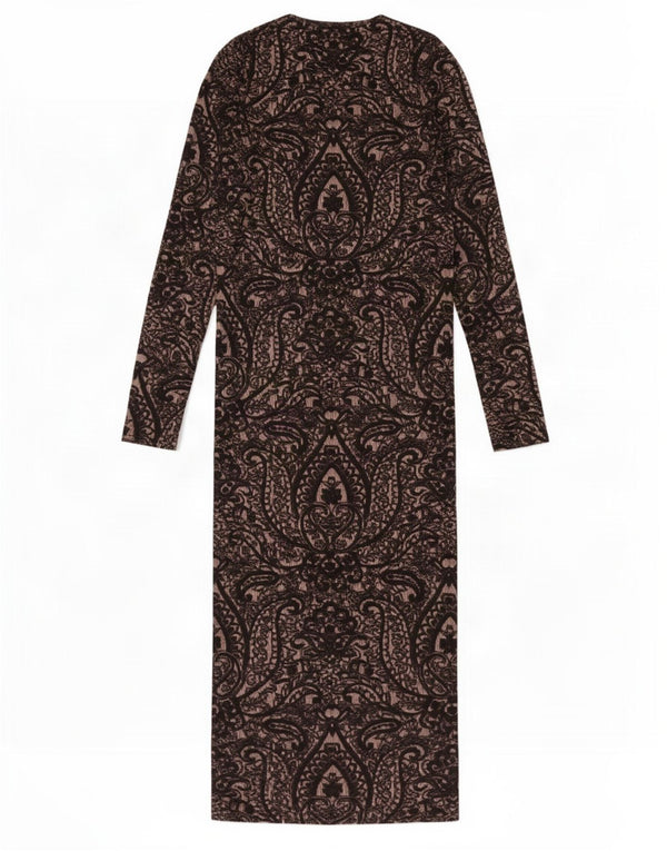 Topshop Robe moulante à manches longues pour femme UK 10 Petit motif cachemire marron