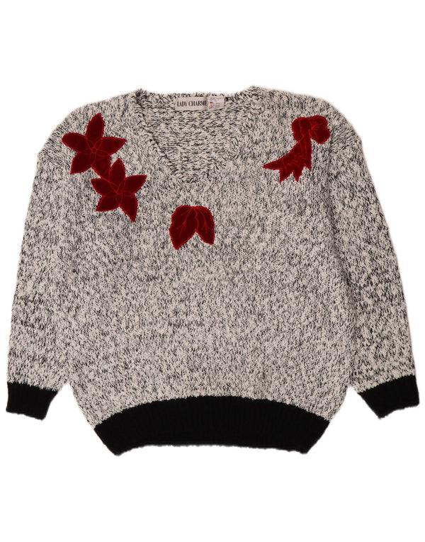 Lady Charme Pull col V Femme EU 48/50 2XL Blanc Moucheté Rétro