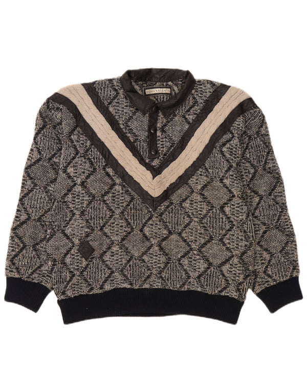 vintage Mens Polo Neck Jumper Pull Petit Gris Géométrique Acrylique