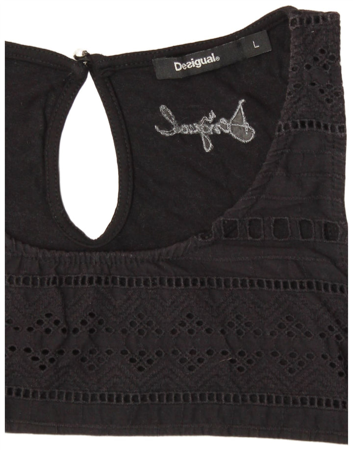 DESIGUAL Débardeur graphique pour femme UK 14 Large Noir Rayé