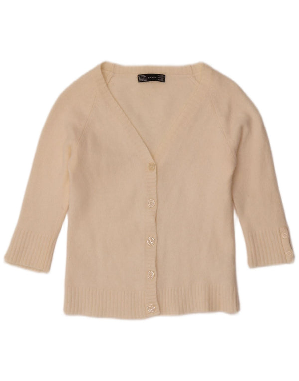 Zara Womens Crop Cardigan à manches 3/4 Pull UK 14 Large Off White Laine