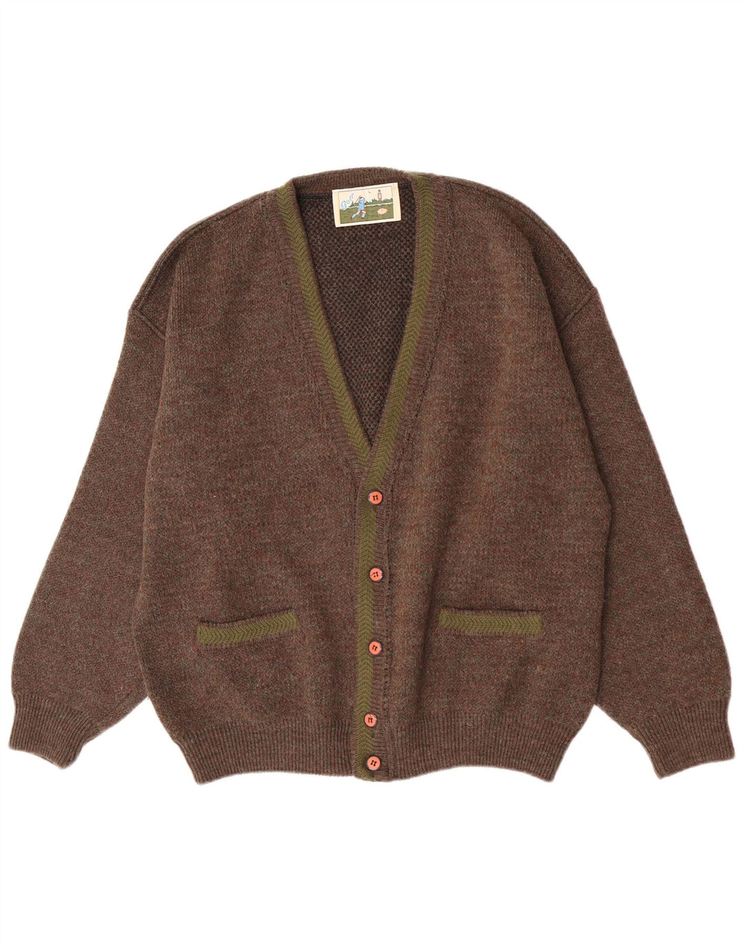 vintage Mens Cardigan Pull Grand Brun Moucheté