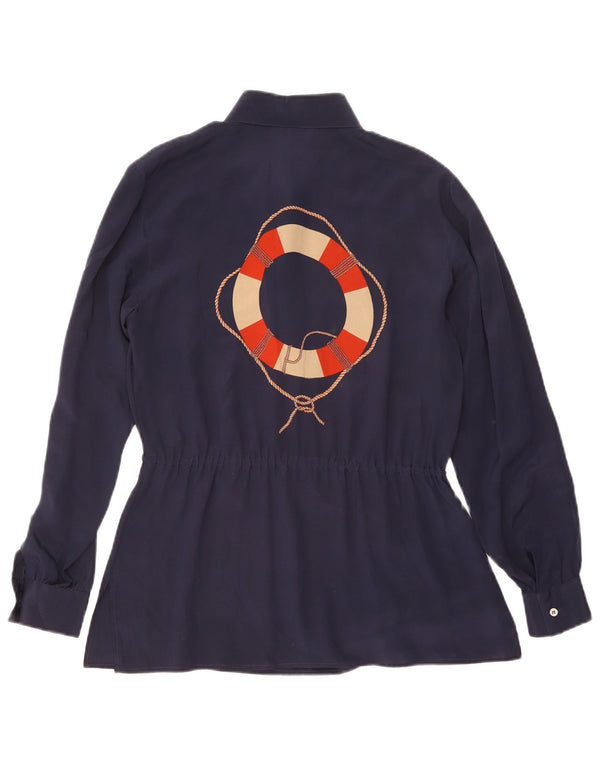 Chemise pull graphique femme vintage UK 14 bleu marine moyen