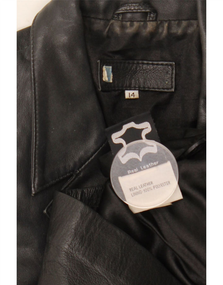 vintage Femme 3 Boutons Veste Blazer En Cuir UK 14 Grand Cuir Noir