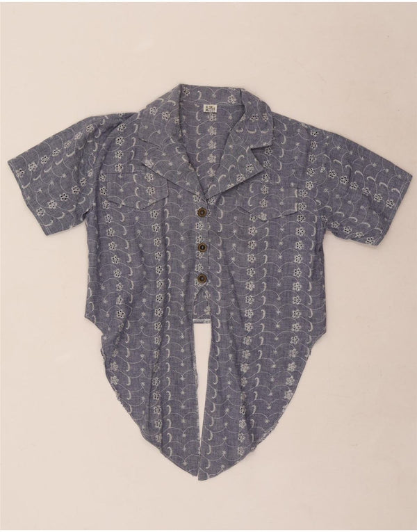 vintage Womens Crop Short Sleeve Shirt Blouse UK 12 Moyen Bleu Floral
