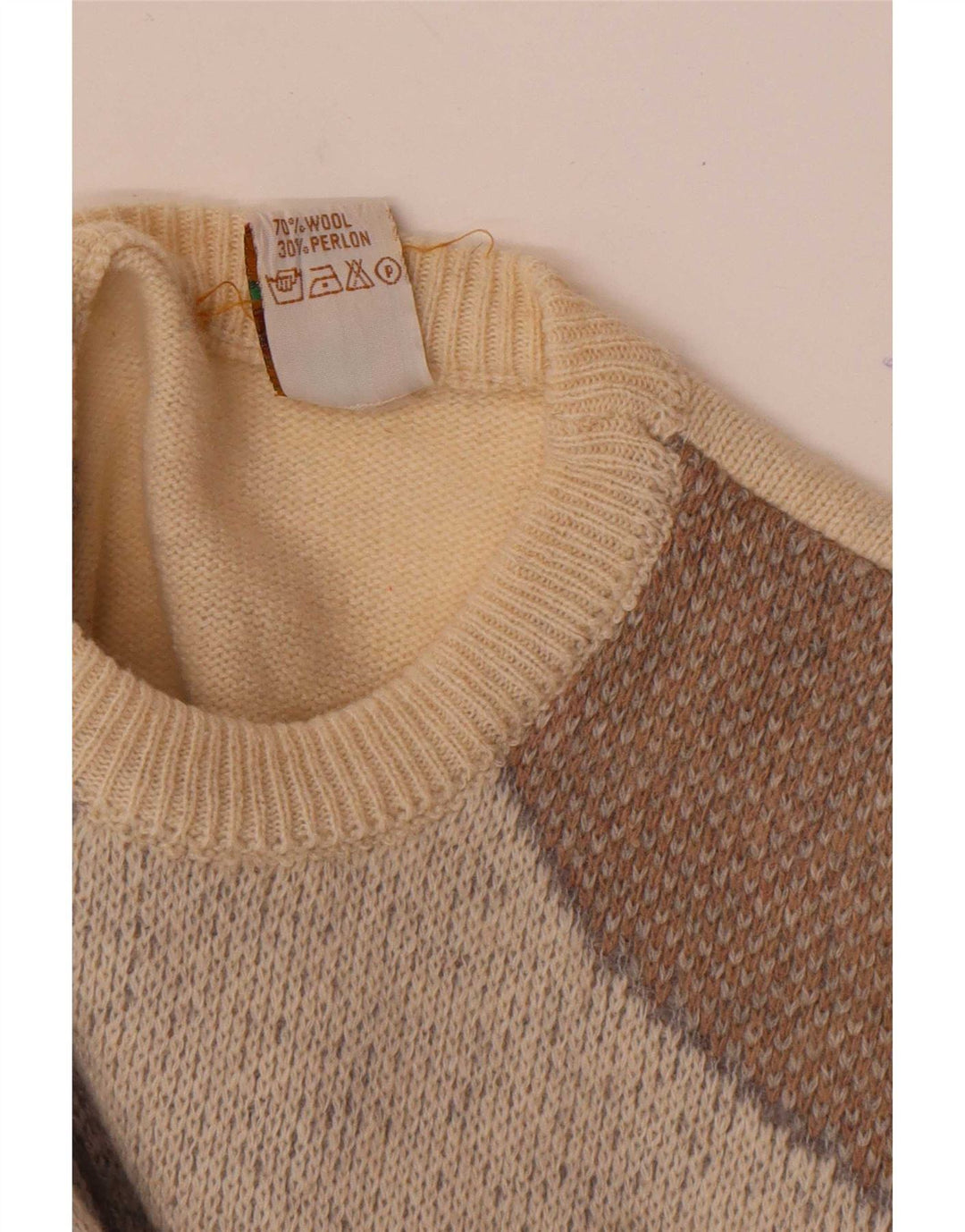 vintage Mens Crew Neck Jumper Pull Moyen Off White Géométrique Laine