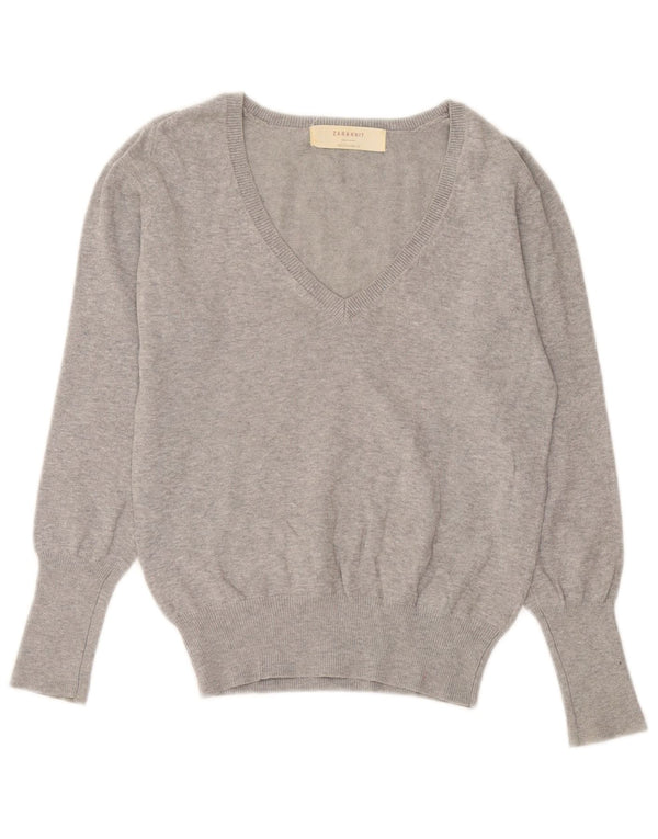 Zara Pull col V pour femme UK 14 Grand coton moucheté gris