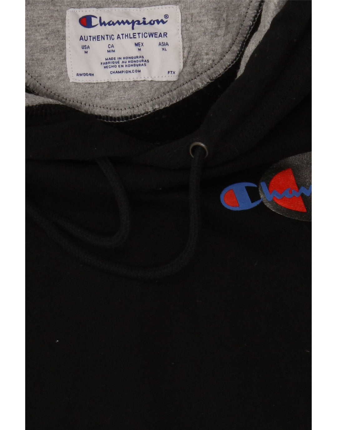 CHAMPION Mens Graphic Hoodie Jumper Medium Black Cotton Vintage Champion and Second-Hand Champion from Messina Hembry 