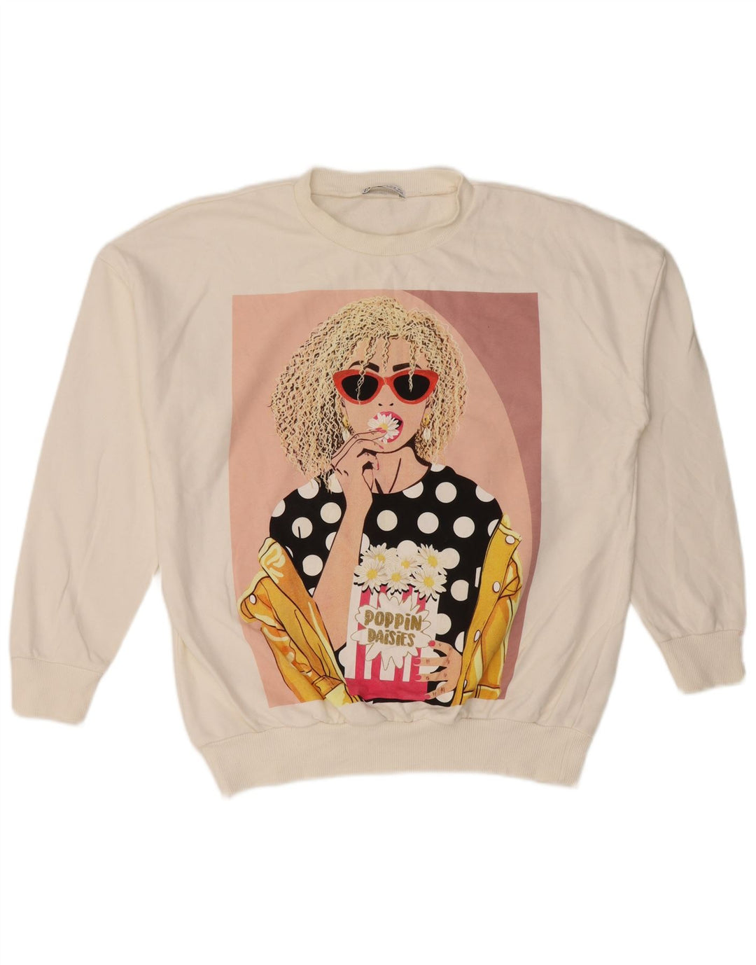 Zara Womens Graphic Sweat-shirt surdimensionné UK 10 Petit coton blanc