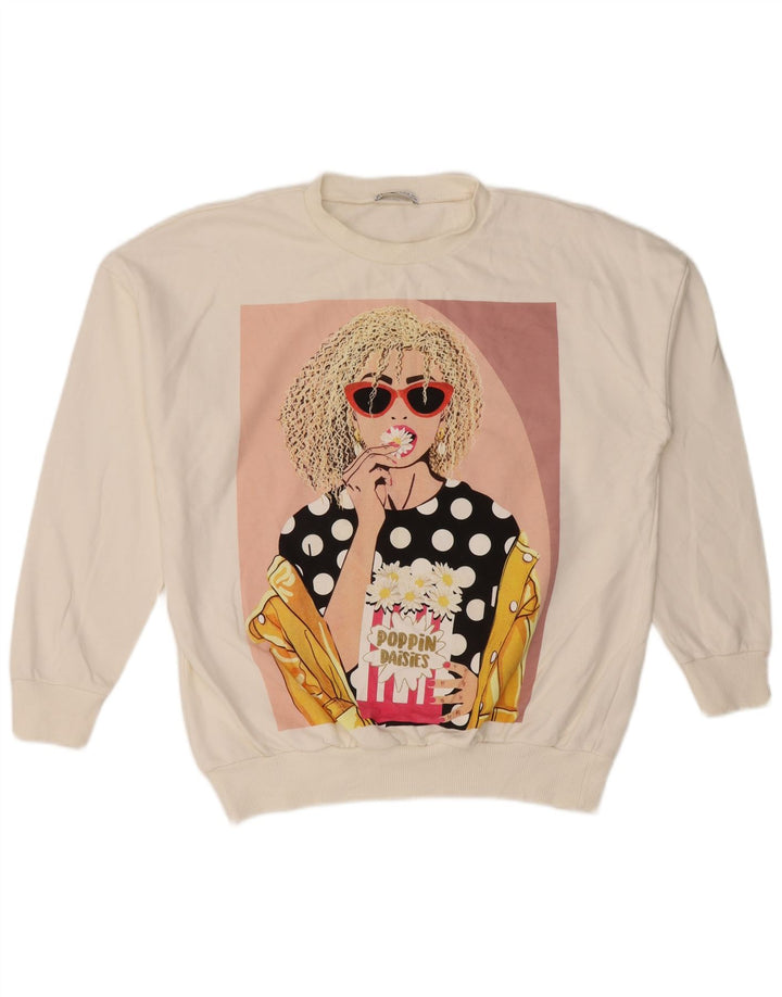 Zara Womens Graphic Sweat-shirt surdimensionné UK 10 Petit coton blanc
