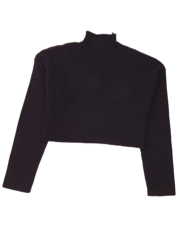 Zara Womens Crop Button Neck Jumper Sweater UK 14 Large Bleu Marine Coton