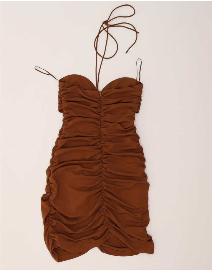 Zara Robe moulante dos nu pour femme UK 12 Marron moyen Polyester