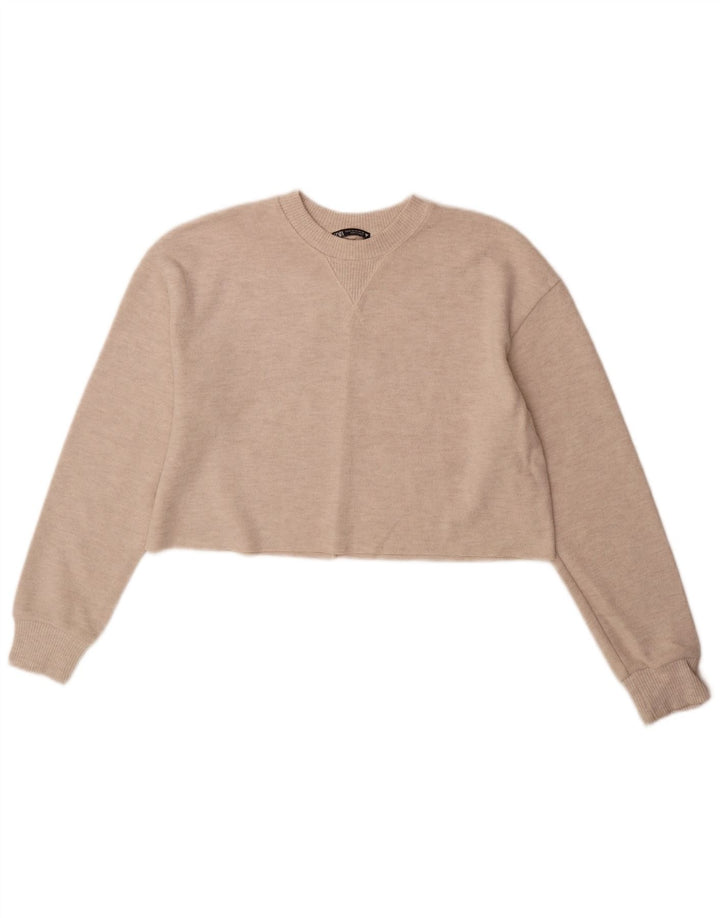 Zara Femme Crop Top Manches Longues UK 14 Polyester Beige Moyen