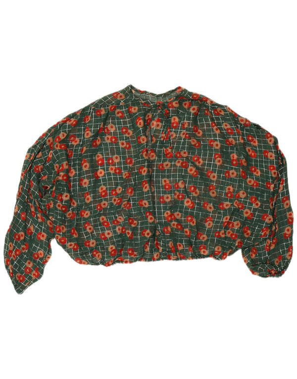 vintage Femmes Surdimensionné Crop Blouse Top UK 14 Moyen Vert Floral