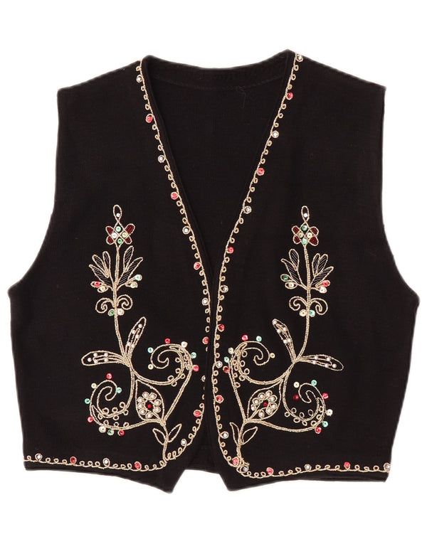 Gilet tricoté femme vintage UK 14 Grande laine florale noire