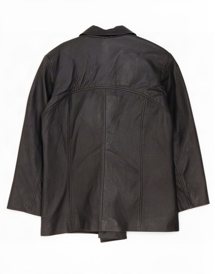 vintage Femme 4 Boutons Veste Blazer En Cuir EU 42 Grand Noir