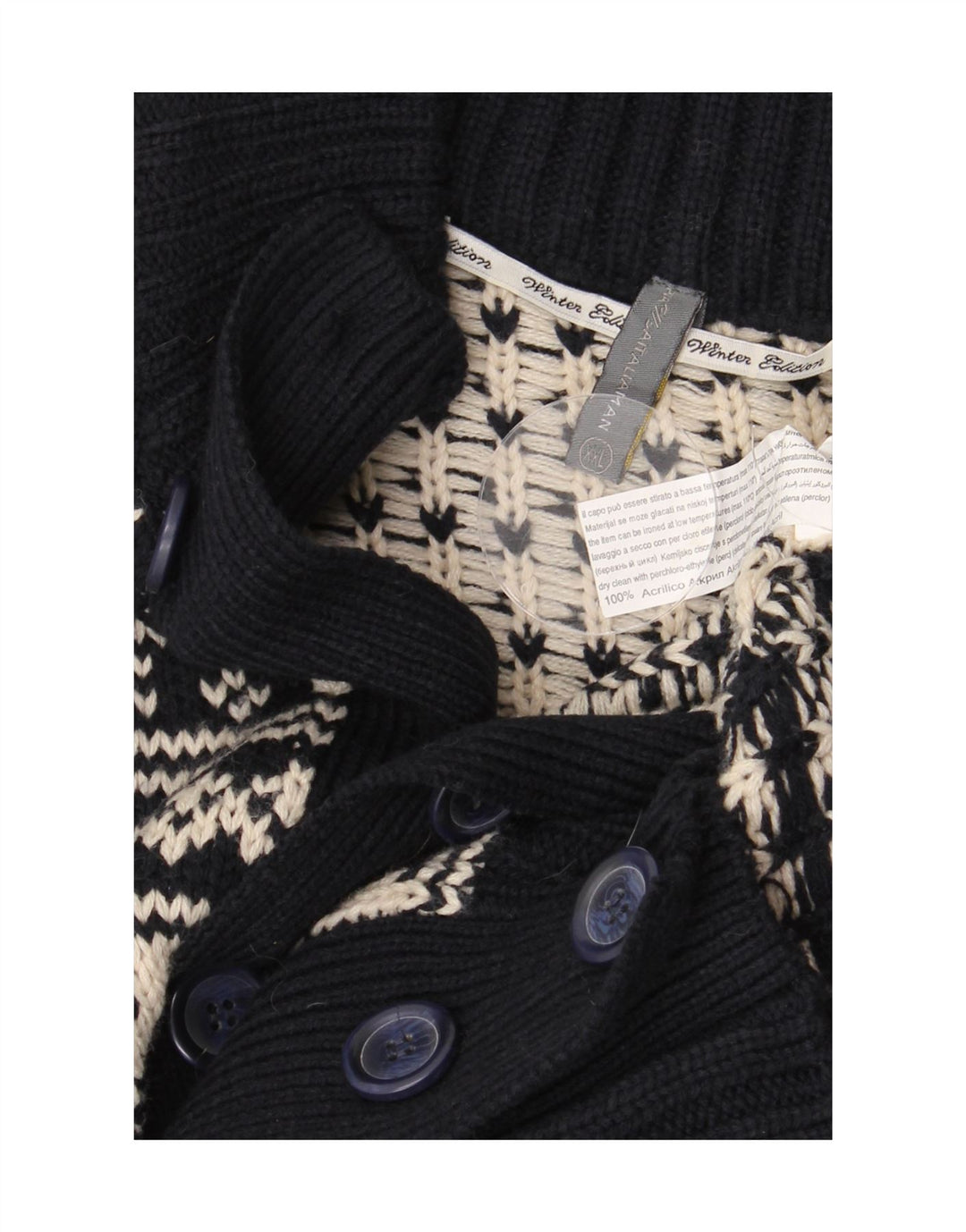 VINTAGE Pull Cardigan Homme 2XL Bleu Marine Fair Isle Acrylique