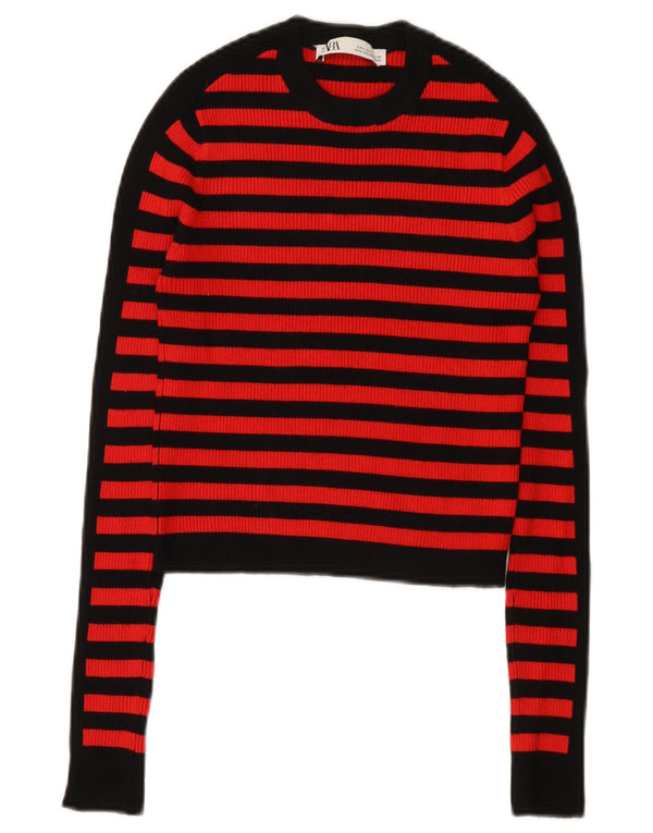 Zara Womens Crop Top Manches Longues UK 8 Petite Viscose Rayée Rouge