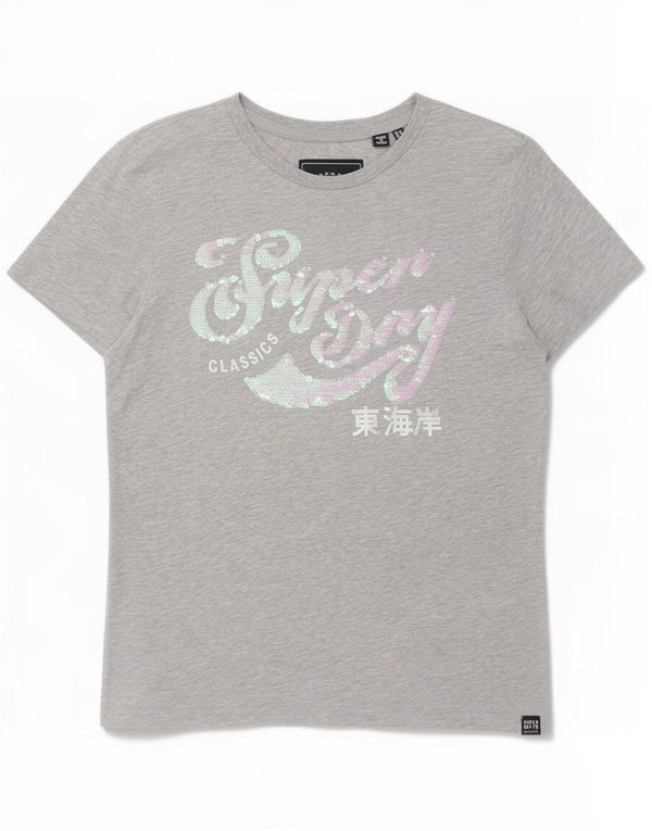 Superdry T-shirt graphique pour femme UK 14 Large Gris Moucheté Coton