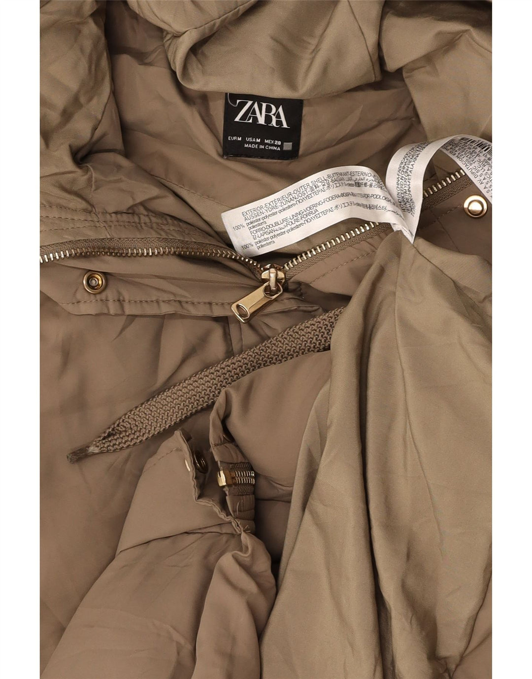 Gilet rembourré à capuche long pour femme ZARA UK 12 Polyester beige moyen