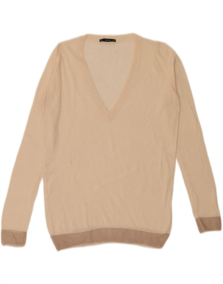 ZARA Womens V-Neck Jumper Sweater UK 14 Medium Beige Vintage Zara and Second-Hand Zara from Messina Hembry 