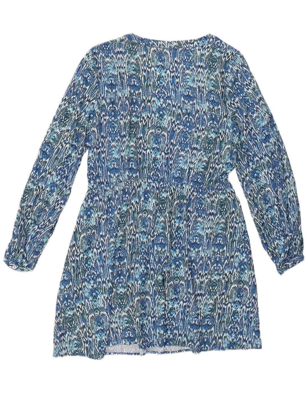 ZARA Robe trapèze à manches longues pour femme UK 10 Petit Bleu Ikat Viscose