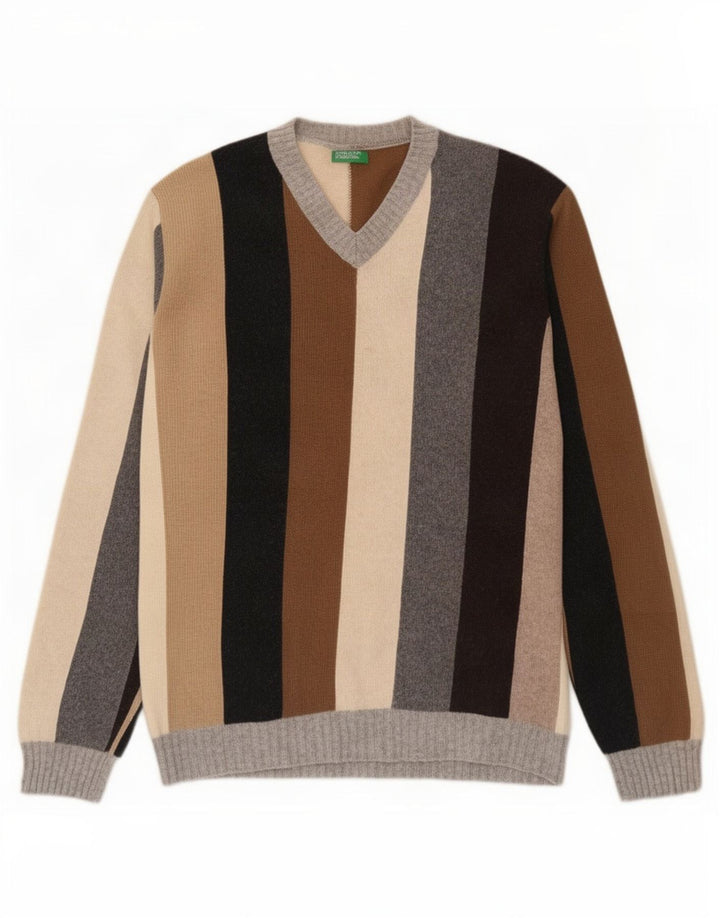 Benetton Pull Col V Homme Large Rayé Multicolore