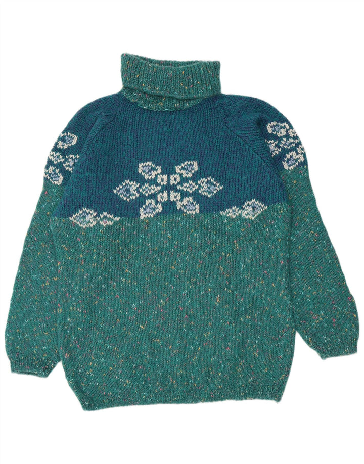 VINTAGE Femmes Graphique Col Roulé Pull Pull UK 18 XL Turquoise Moucheté