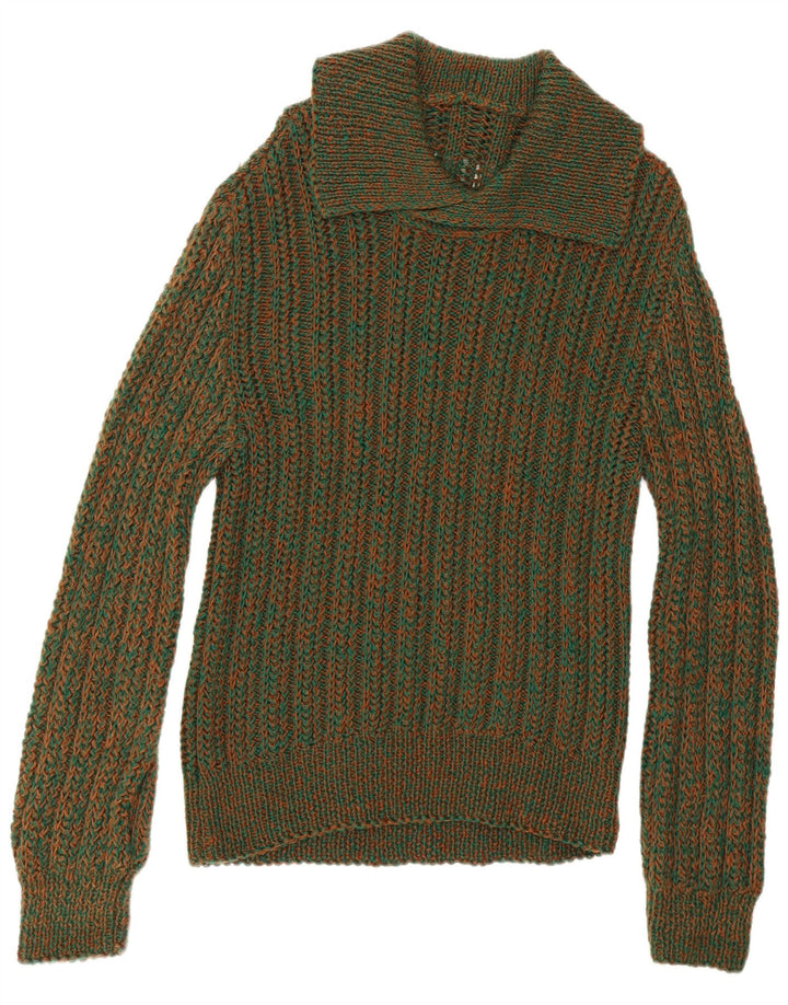 vintage Mens Polo Neck Jumper Pull Vert Moyen Moucheté