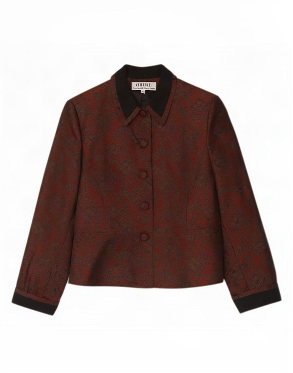 vintage Femme 5 Bouton Blazer Veste UK 10 Petite Laine Florale Brune