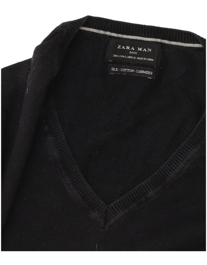 Zara Pull col V pour homme en coton noir Large
