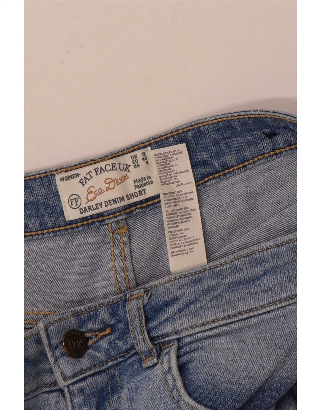 Fat Face Short en jean vieilli pour femme UK 12 Medium W30 Bleu Coton