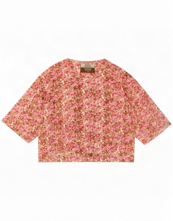 Vintage Womens Crop Short Sleeve Shirt Blouse UK 14 Medium Pink Floral