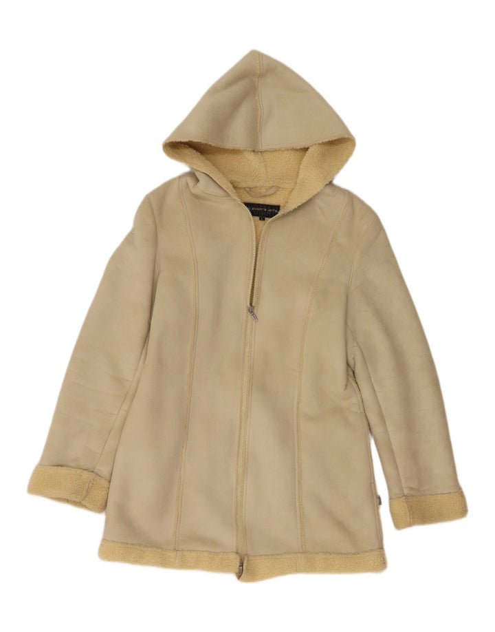 Veste Sherpa à capuche femme vintage UK 14 Grand Polyester Beige
