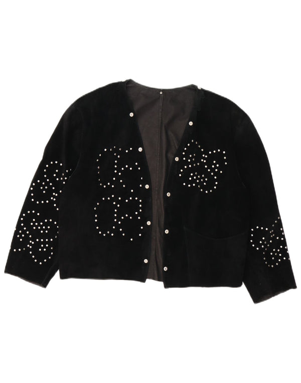 vintage Femmes Ouvert Daim Blazer Veste UK 14 Moyen Noir Cuir Floral