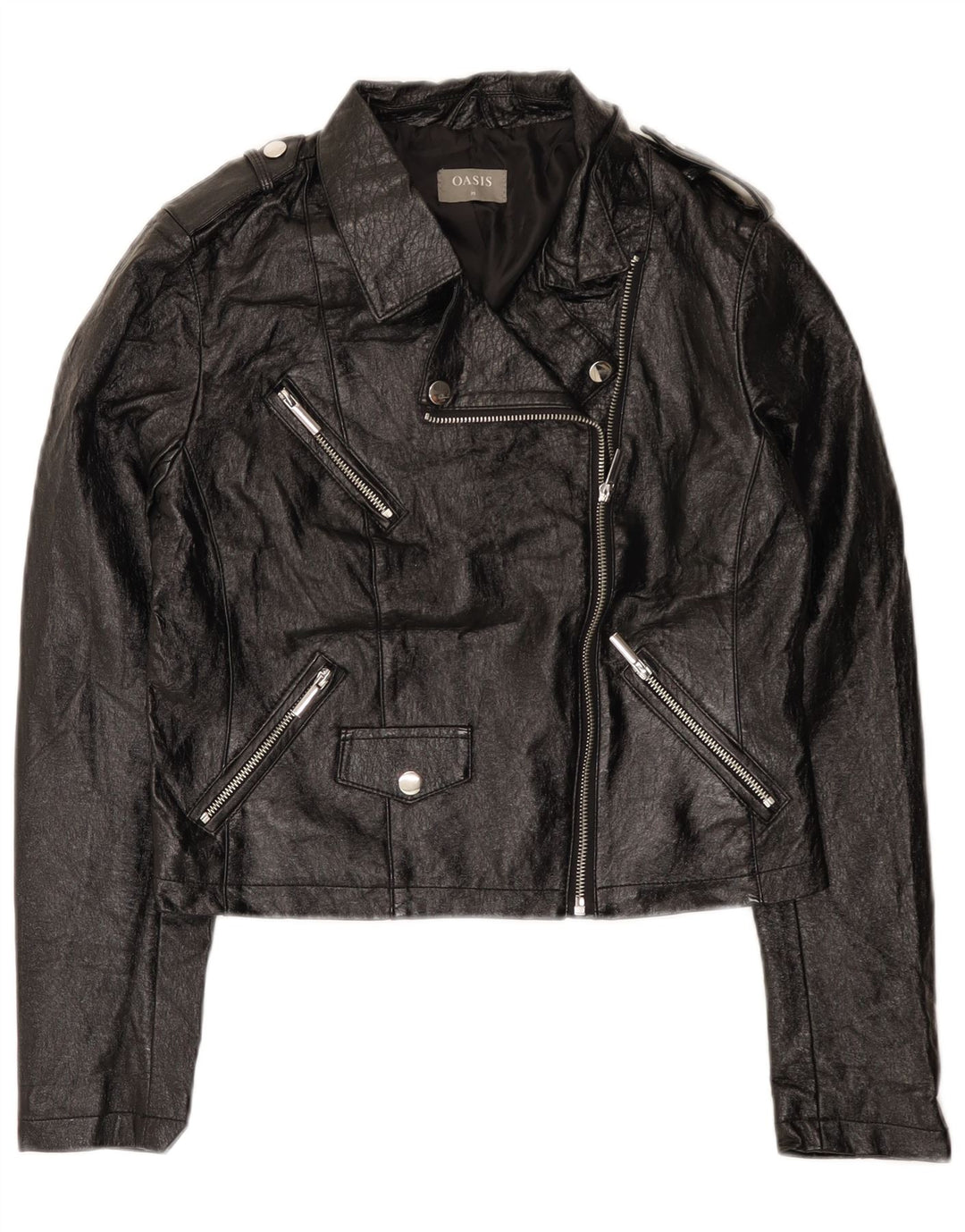 Oasis Veste de motard en simili cuir pour femme UK 12 Medium Noir Polyuréthane