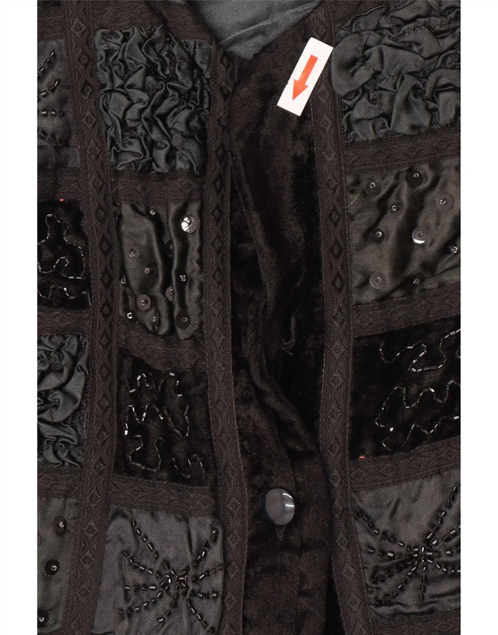 vintage Femme Velours Boléro Veste UK 12 Moyen Noir Patchwork