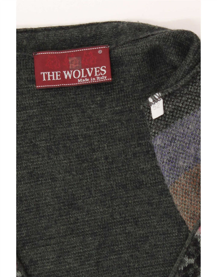 gilet tricoté vintage pour homme IT 52 Grand patchwork kaki