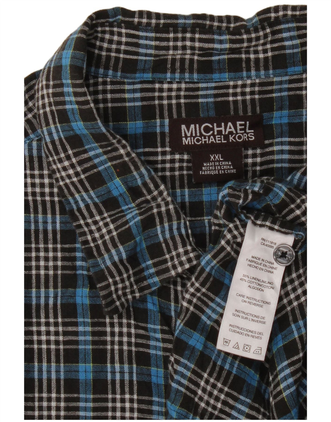 Michael Kors Chemise à manches courtes pour hommes 2XL Bleu à carreaux en lin